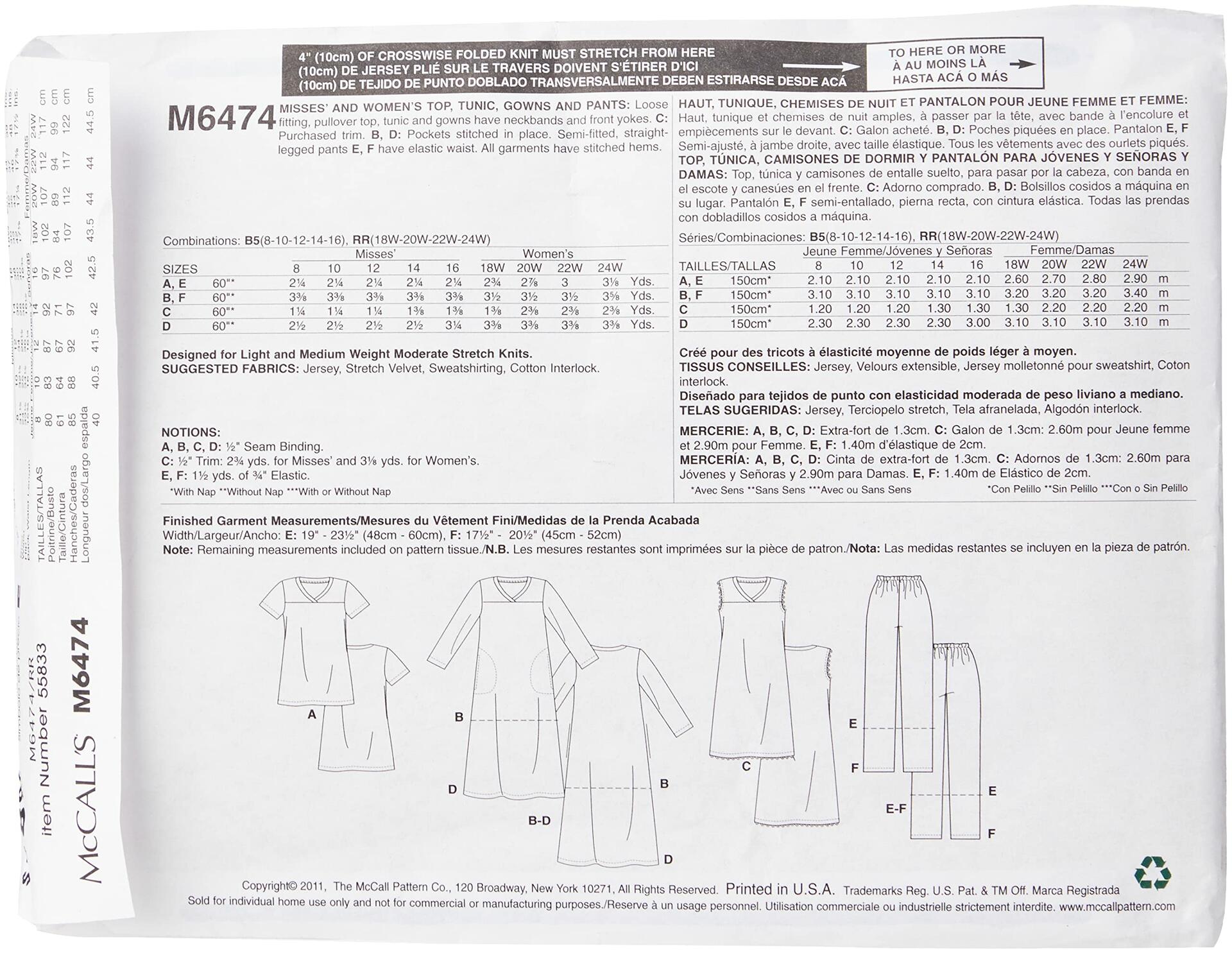 McCall's Patterns M6474 Misses'/Women's Top, Tunic, Gowns and Pants, Size RR