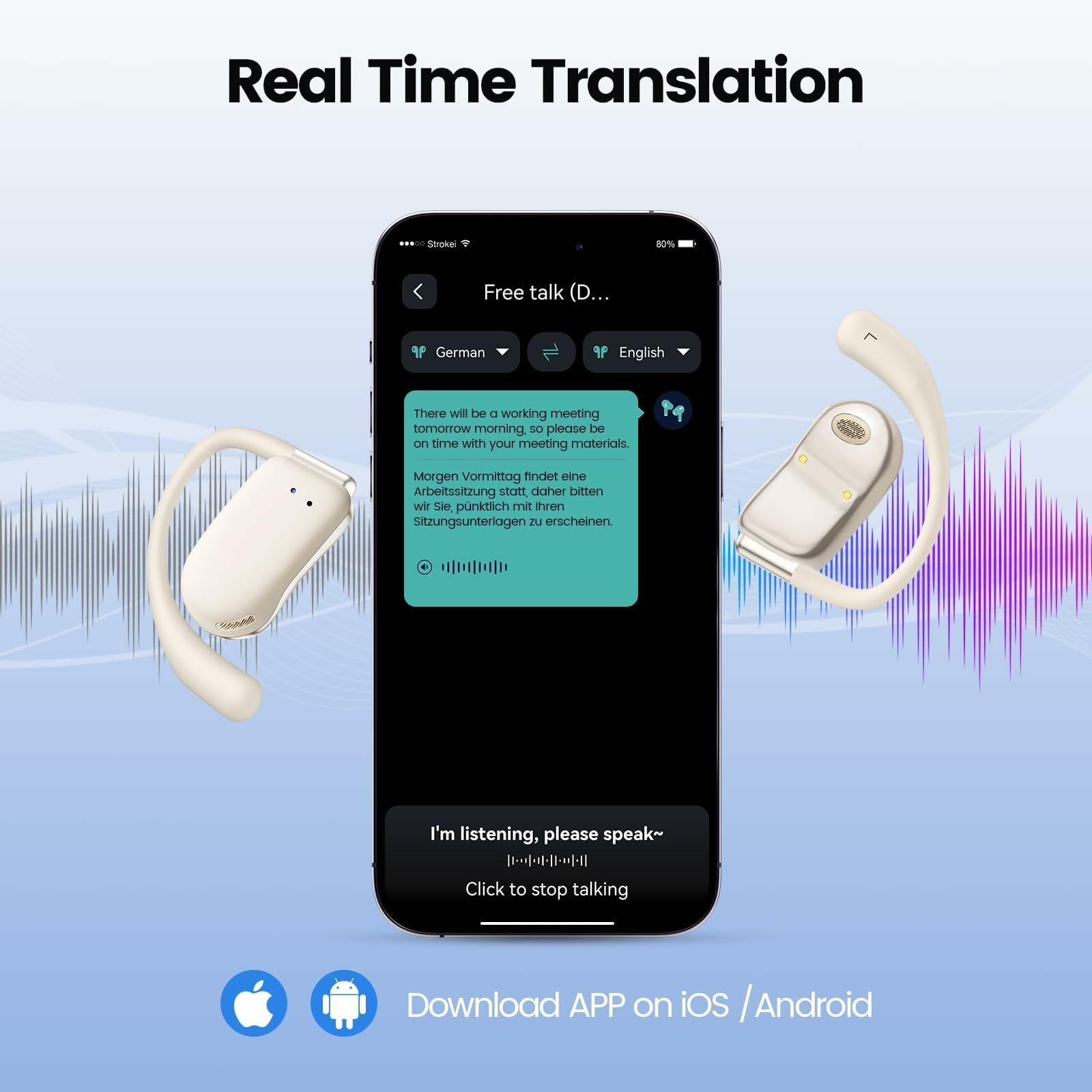 AI Translation Earbuds Real Time 164 Languages 80H Playtime Translator Ear Buds