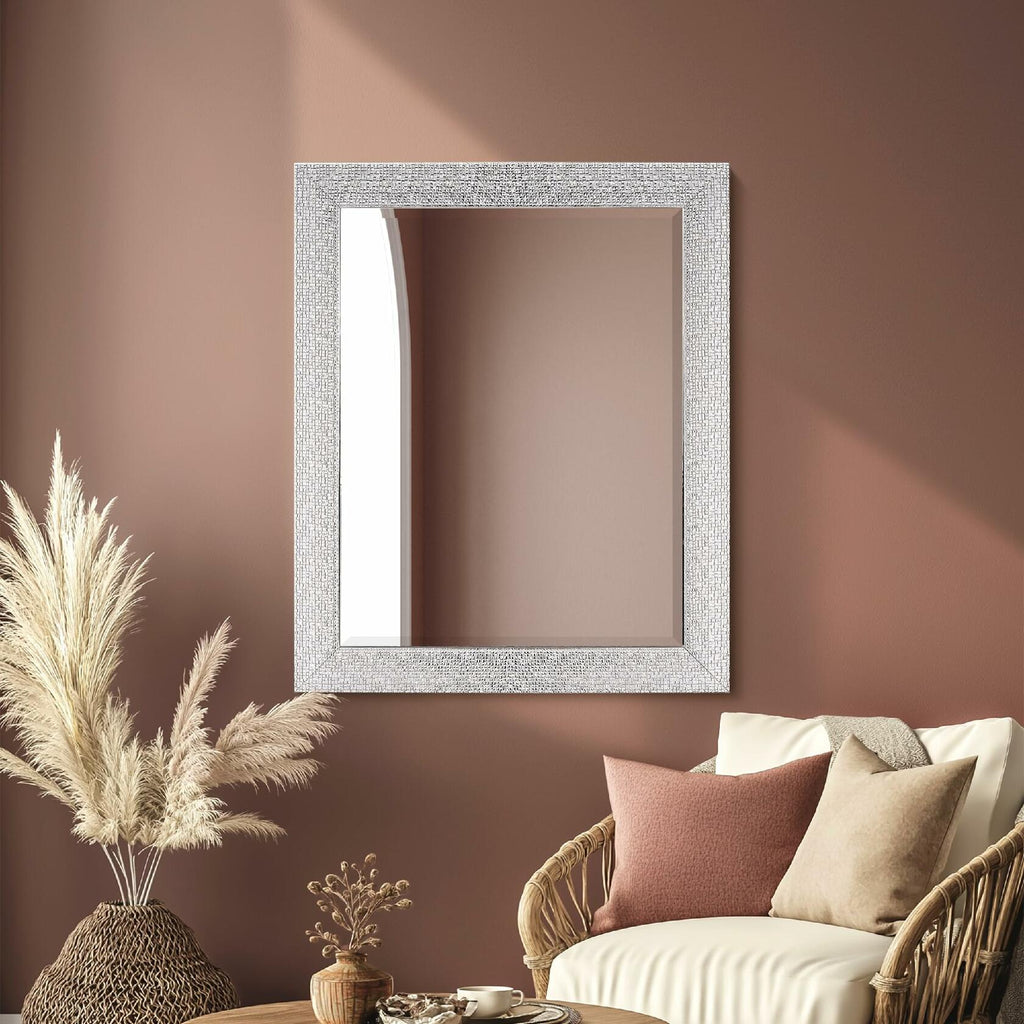 27.5" x 33.5" Head West Tile Textured Beveled Frame Chrome and White Mirror,