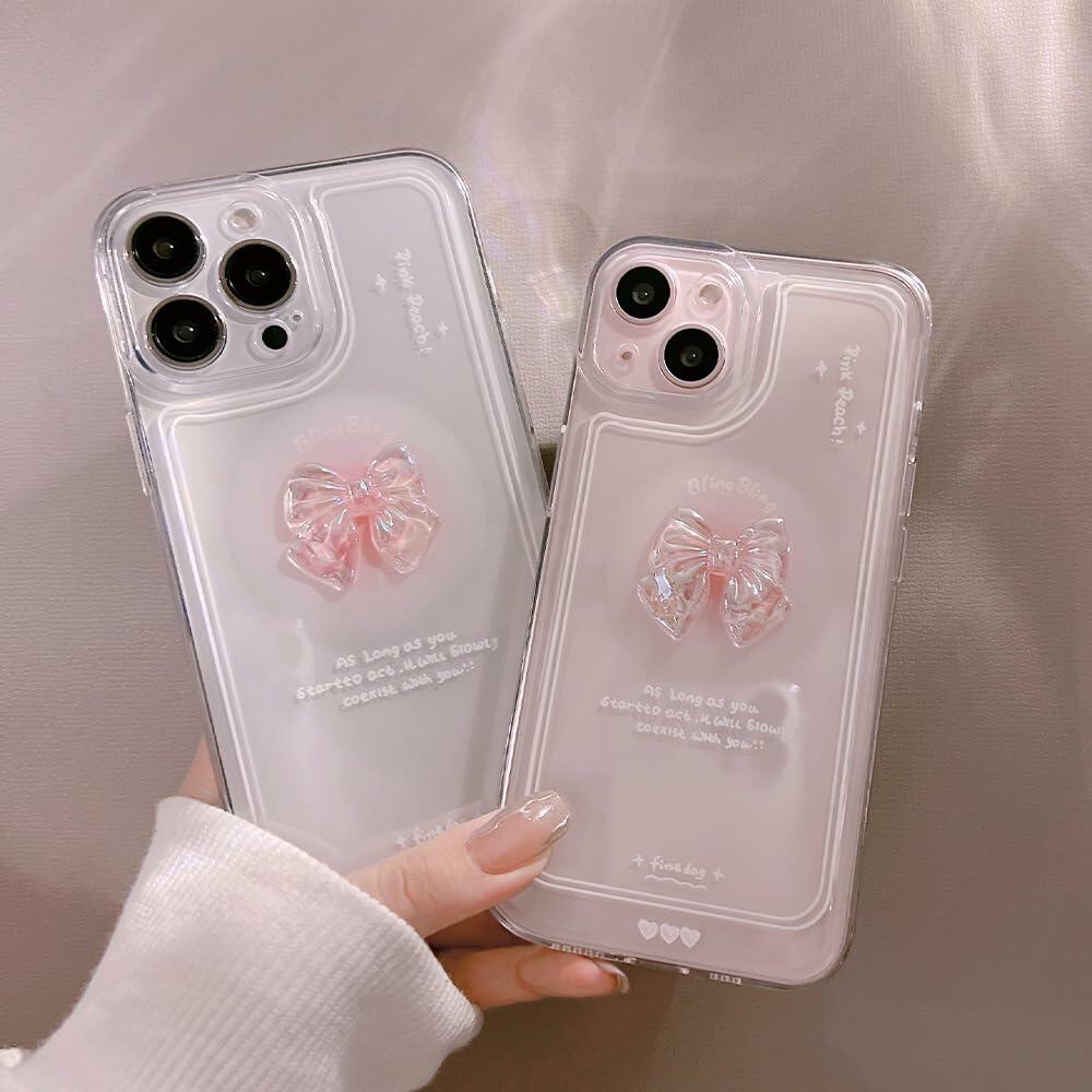 Ownest Compatible for iPhone 14 Pro Max Cute 3D Pink Bowknot Slim Clear