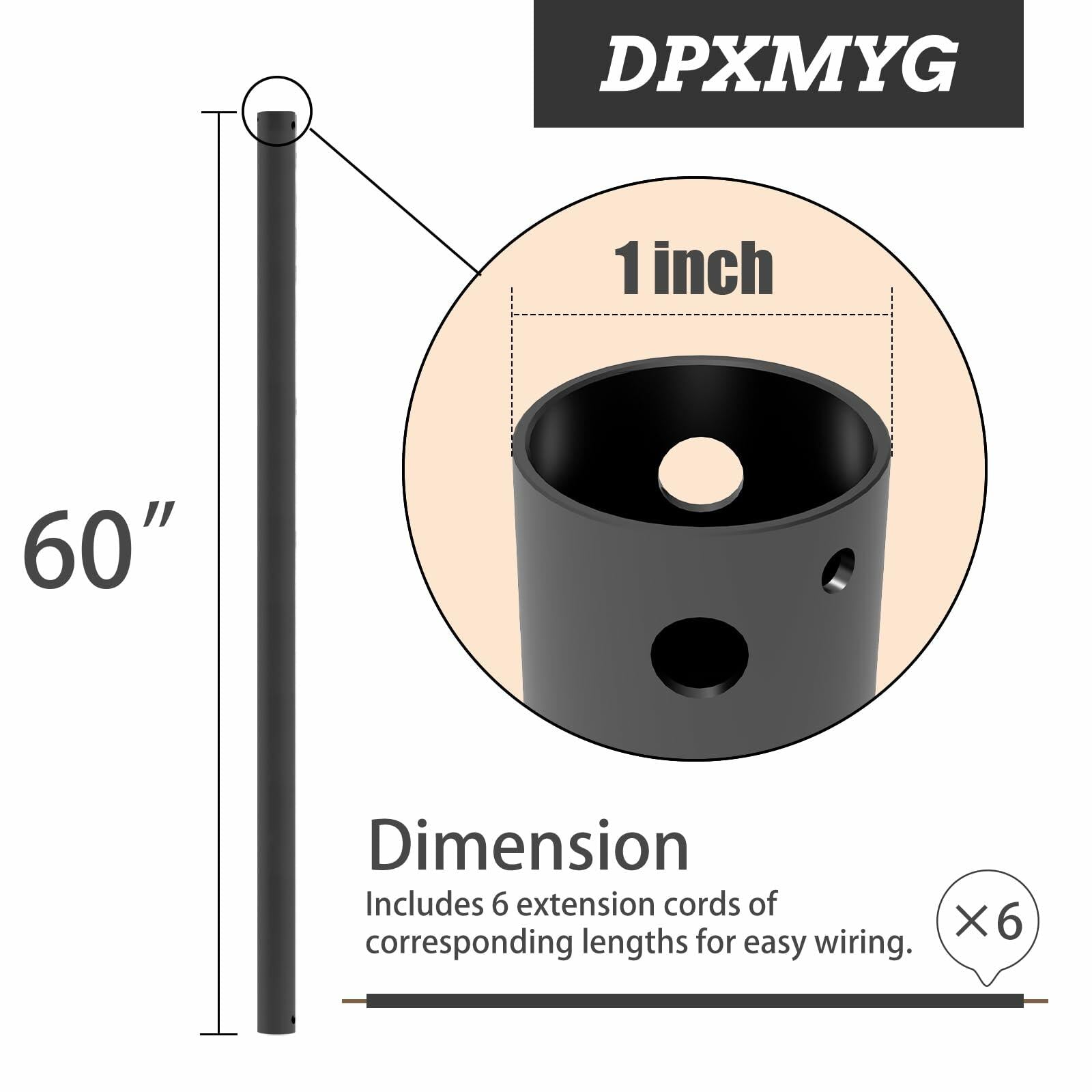DPXMYG 60 inch Ceiling Fan Downrod with Extension Cord, 5 FT Black Downrod for