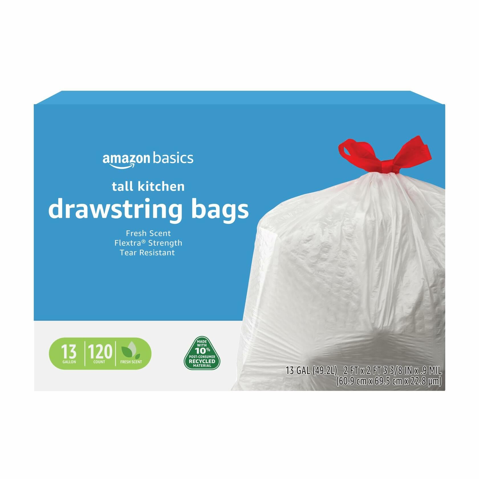 120 Count 13 Gallon Amazon Basics Flextra Tall Kitchen Drawstring Trash Bags