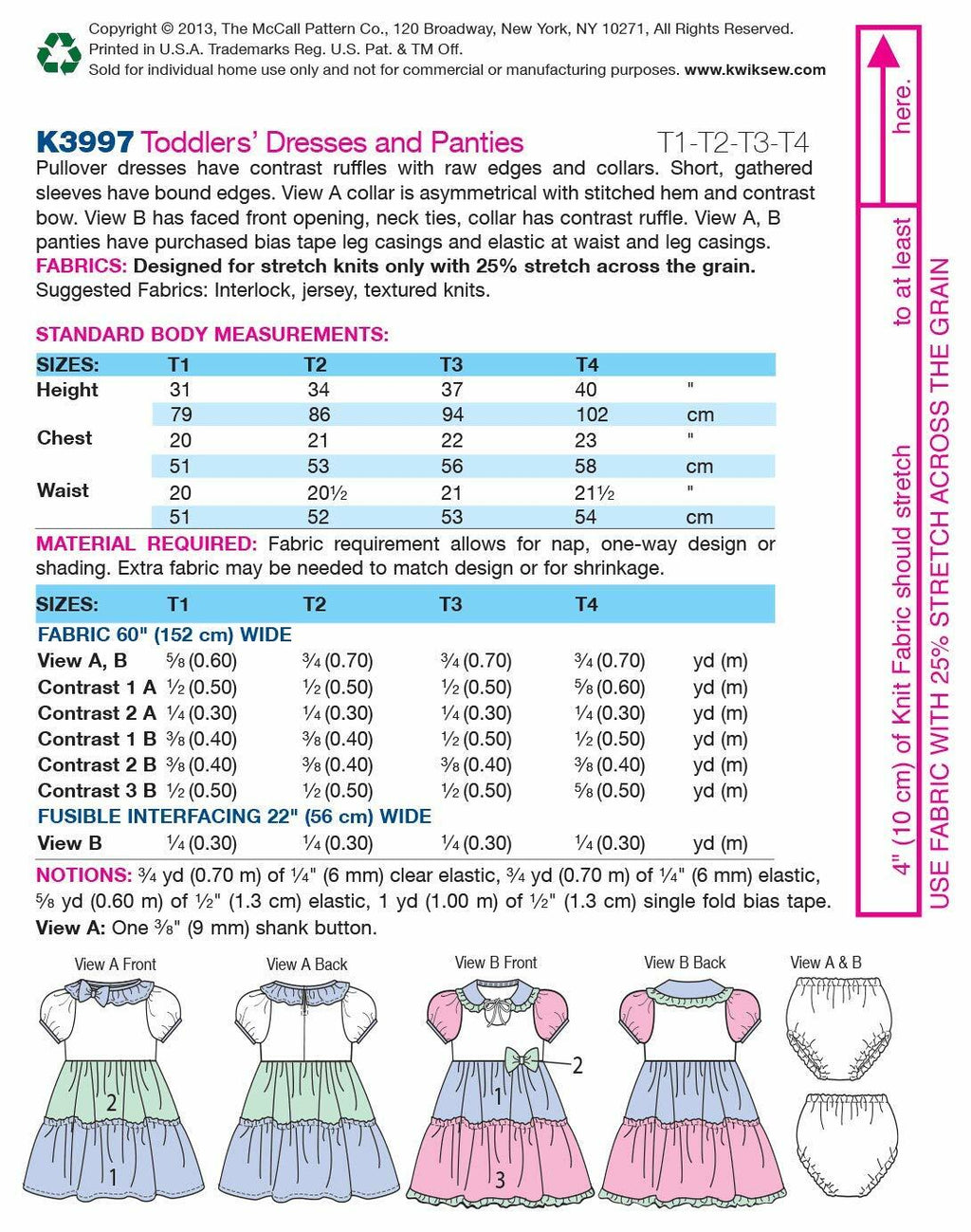 KWIK-SEW PATTERNS K3997OSZ Toddlers' Dresses and Panties Sewing Template