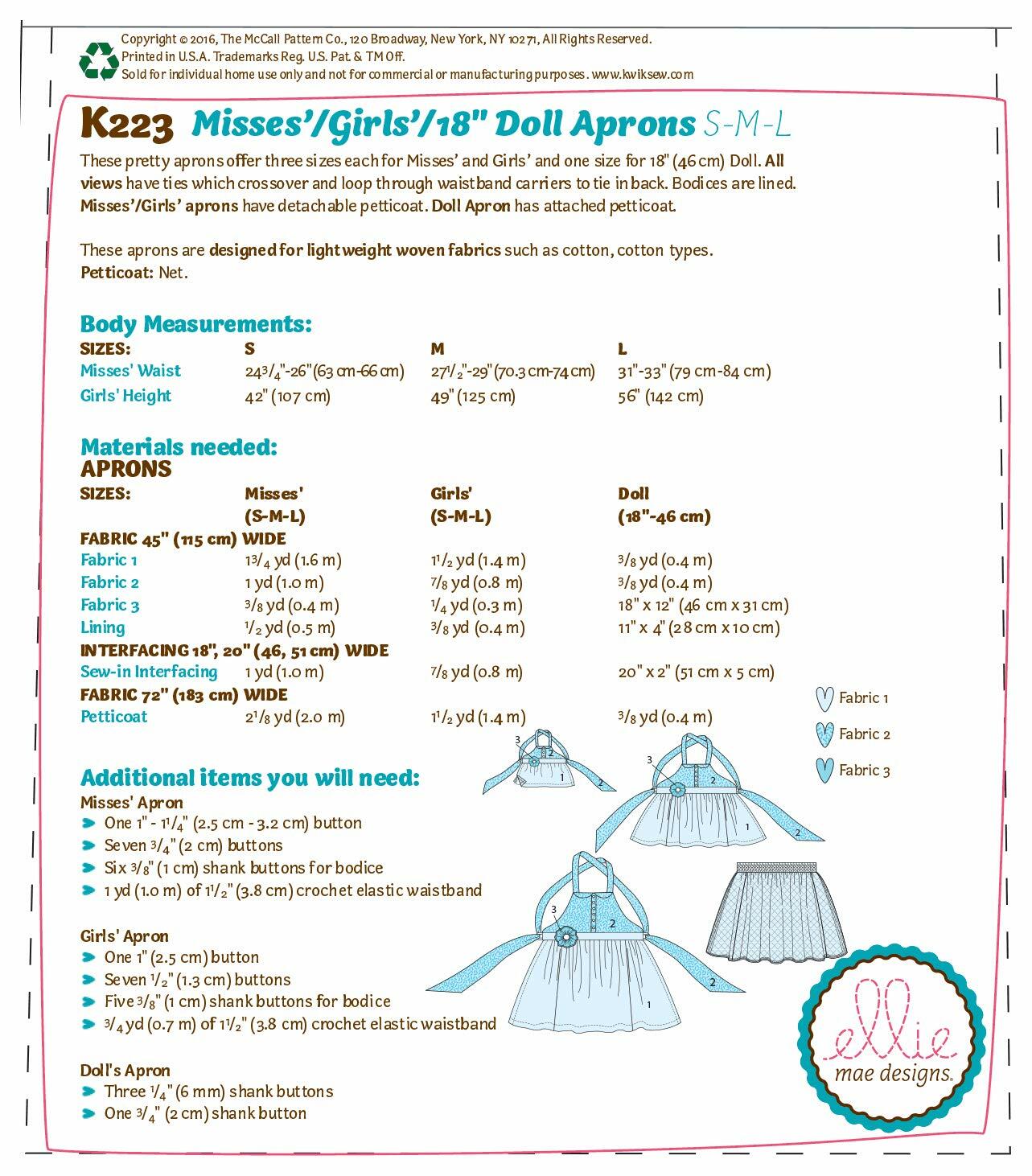 McCall's Misses'/Girls'/18" Dolls' Matching Full Aprons Sewing Pattern