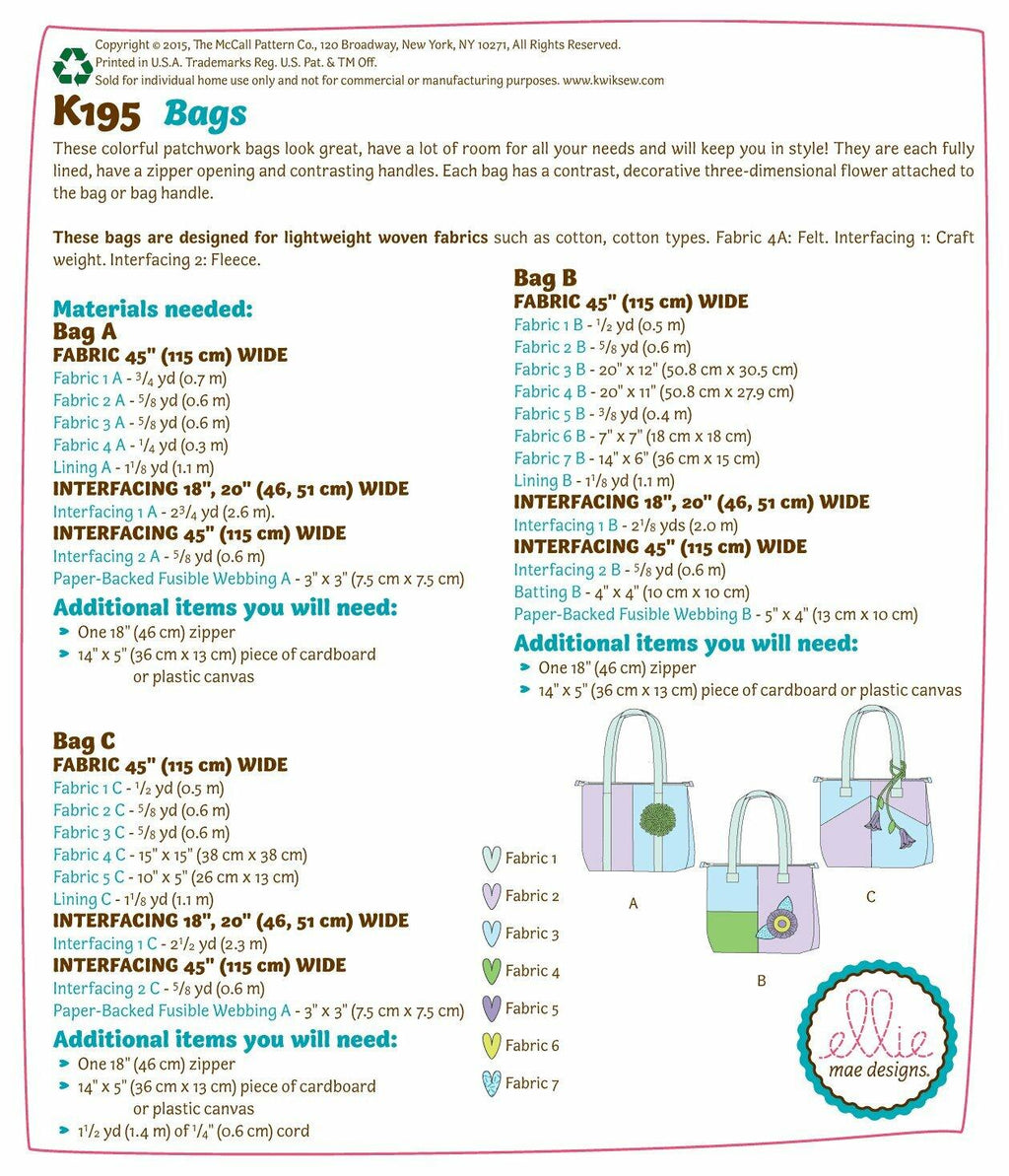 KWIK-SEW PATTERNS K0195 Bags, One Size only