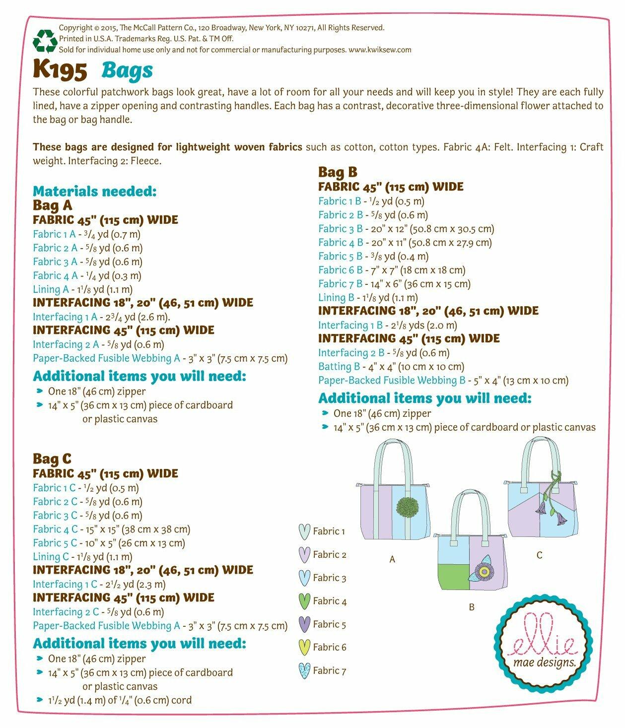 KWIK-SEW PATTERNS K0195 Bags, One Size only