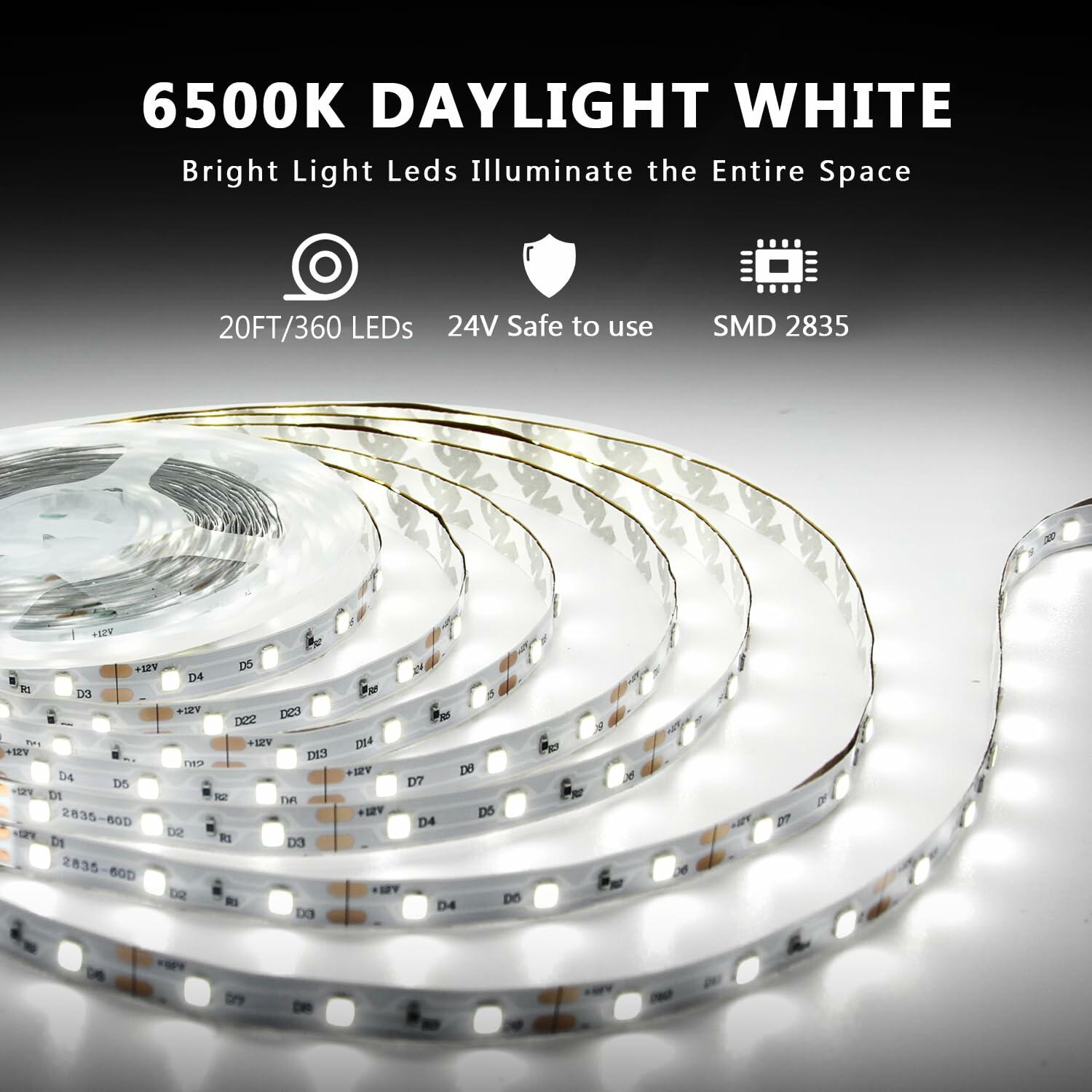 dalattin White LED Strip Lights, 20ft Dimmable Super Bright 24V Led Tape Light