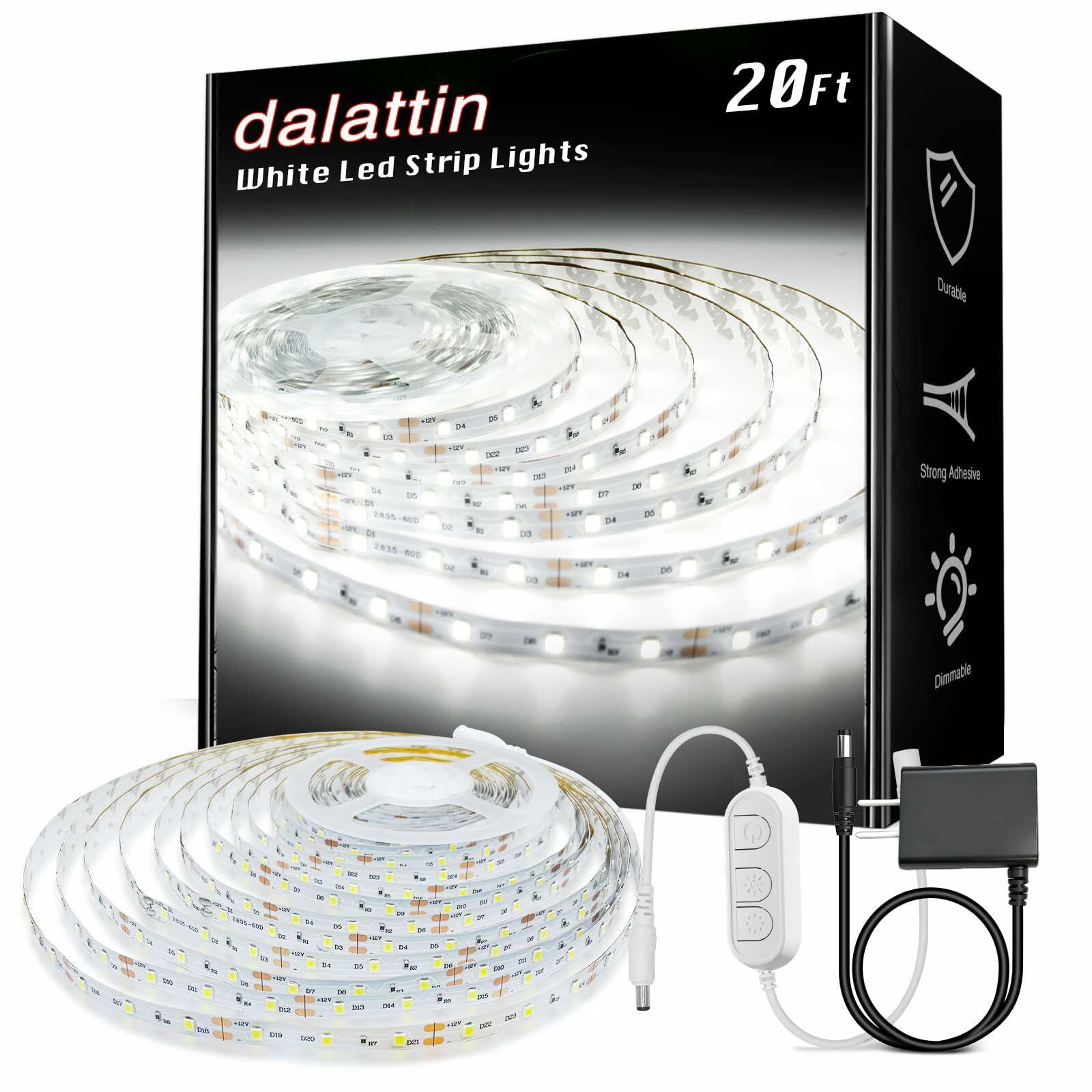 dalattin White LED Strip Lights, 20ft Dimmable Super Bright 24V Led Tape Light