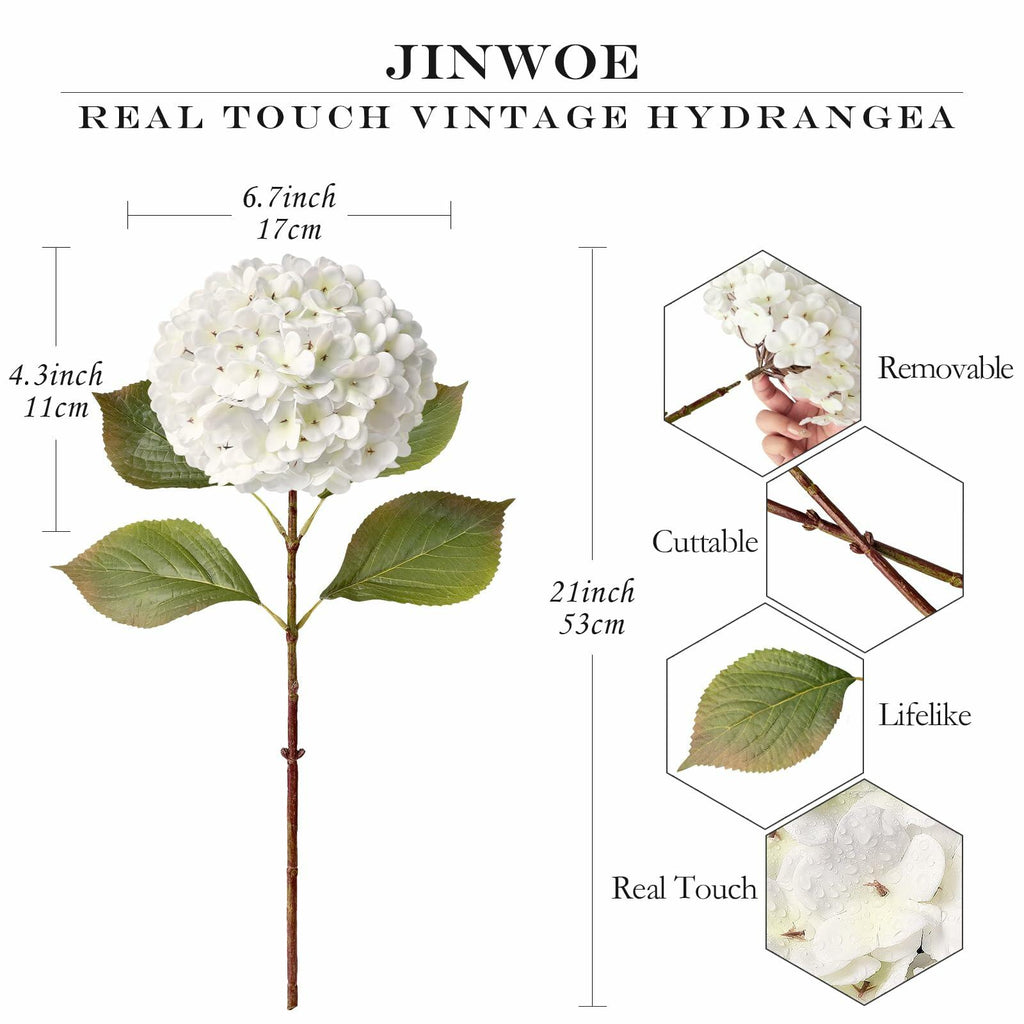 JINWOE 4PCS White Faux Hydrangea Flowers 21" Vintage Real Touch Latex Silk