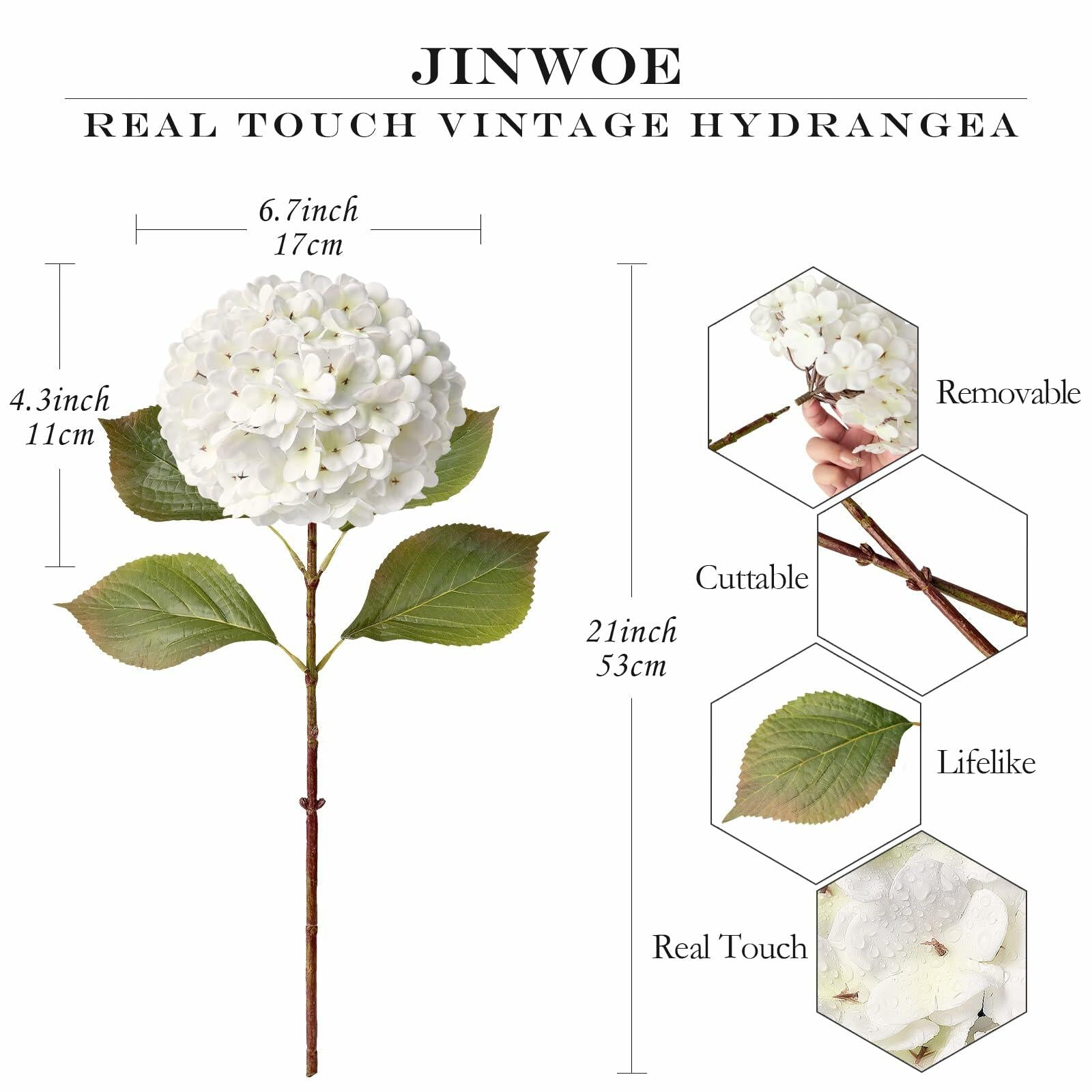 JINWOE 4PCS White Faux Hydrangea Flowers 21" Vintage Real Touch Latex Silk