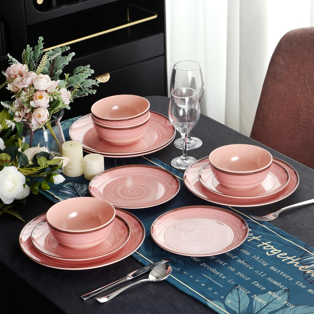 12Pcs Melamine Dinnerware Set, Plates And Bowls Sets for 4, Pink Color