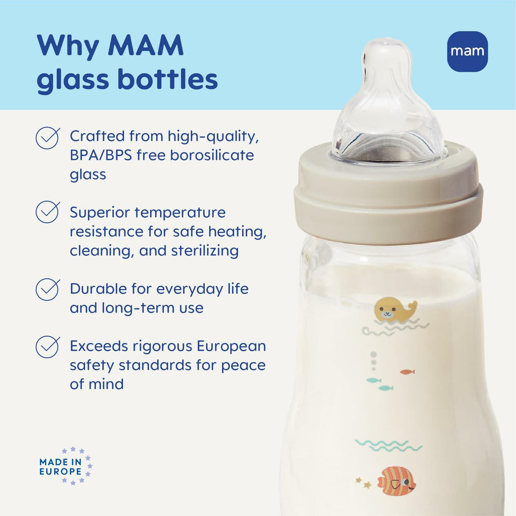 MAM 6oz Premium Glass Wide Neck Baby Bottle with Slow Flow Breastfeeding-Like