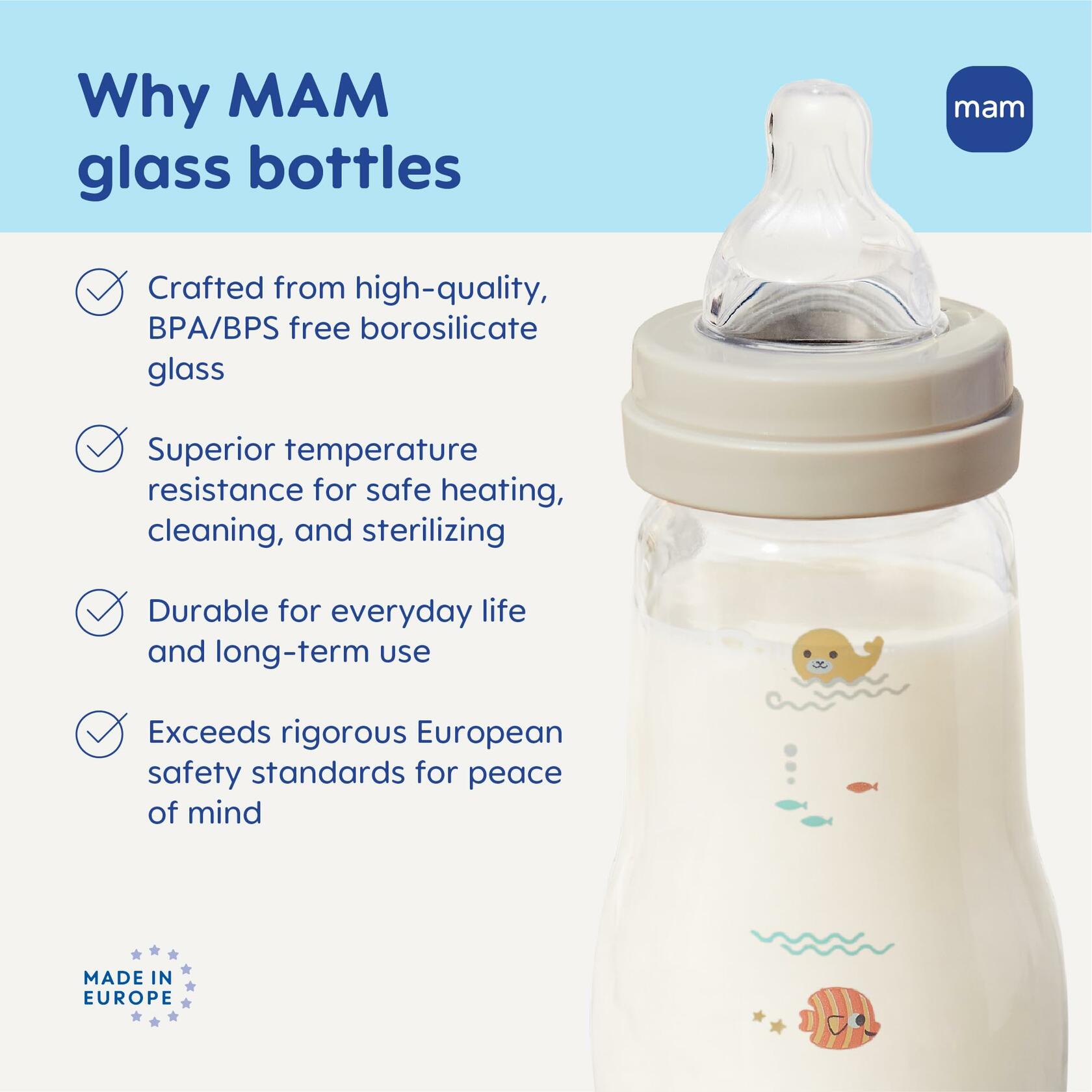 MAM 6oz Premium Glass Wide Neck Baby Bottle with Slow Flow Breastfeeding-Like