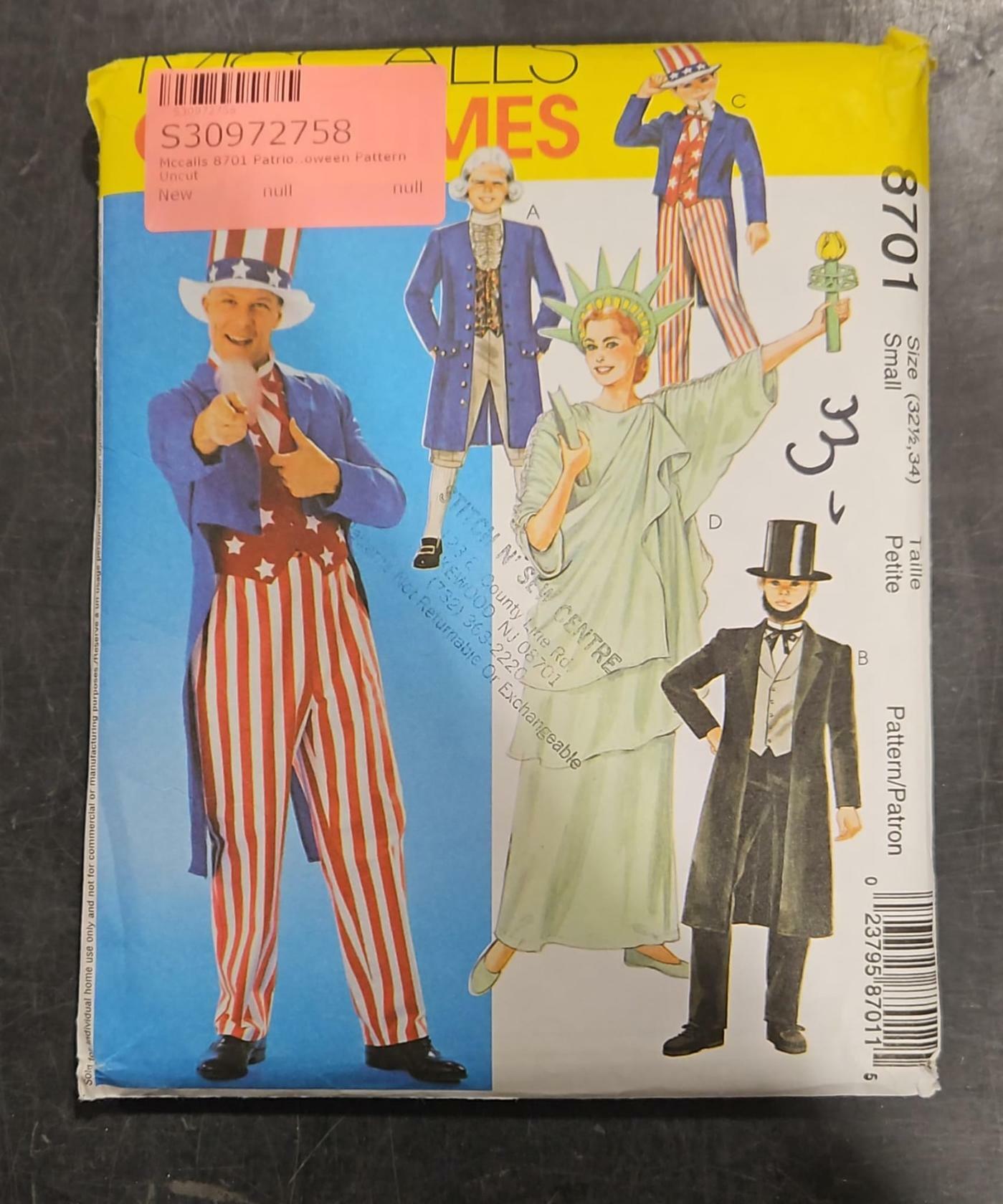 Mccalls 8701 Patriotic Uncle Sam Lady Liberty Lincoln Halloween Pattern Uncut