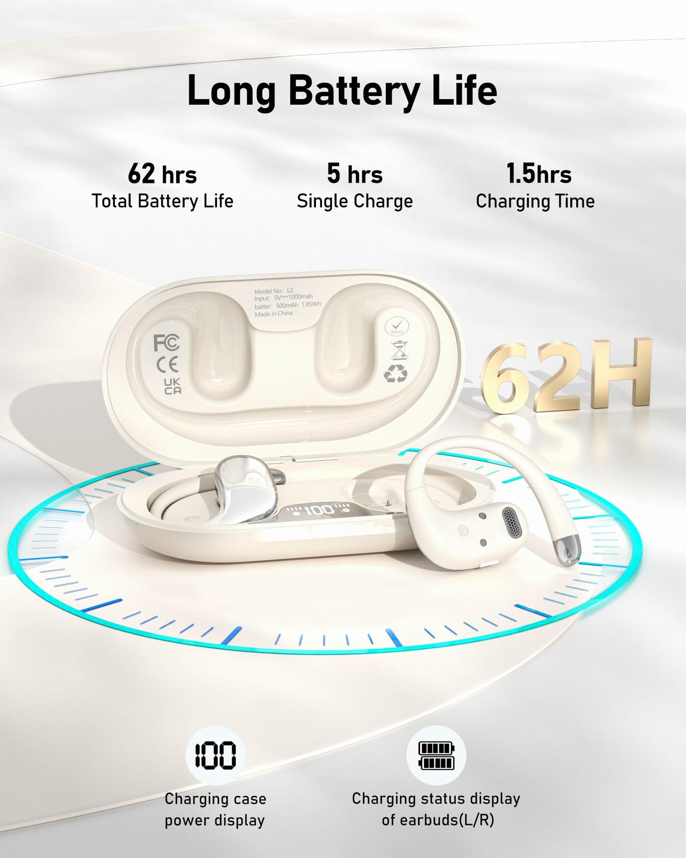 WIVTAK Open Ear Headphones Bluetooth 5.4, 62H Playtime, Air Conduction Wireless