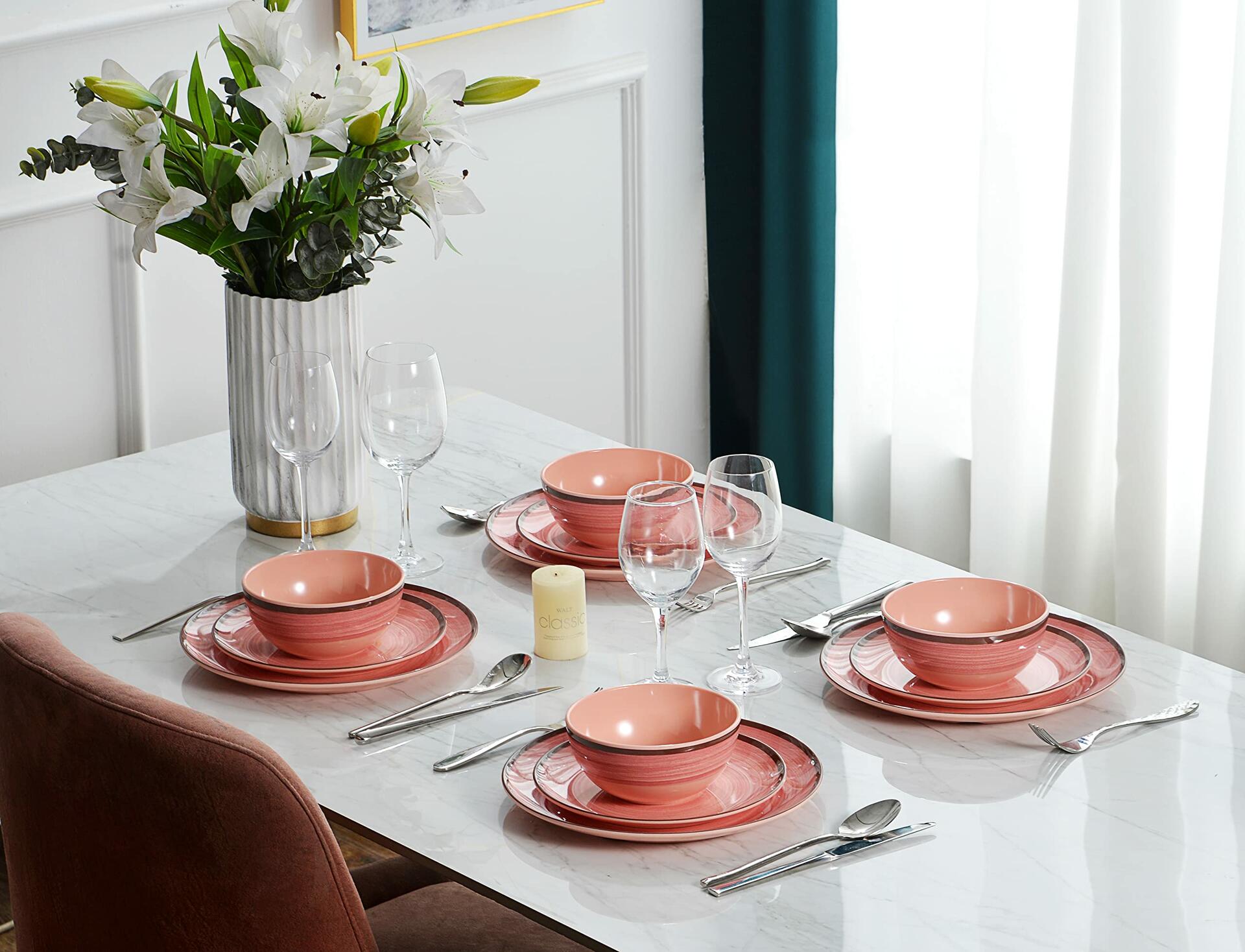 12Pcs Melamine Dinnerware Set, Plates And Bowls Sets for 4, Pink Color