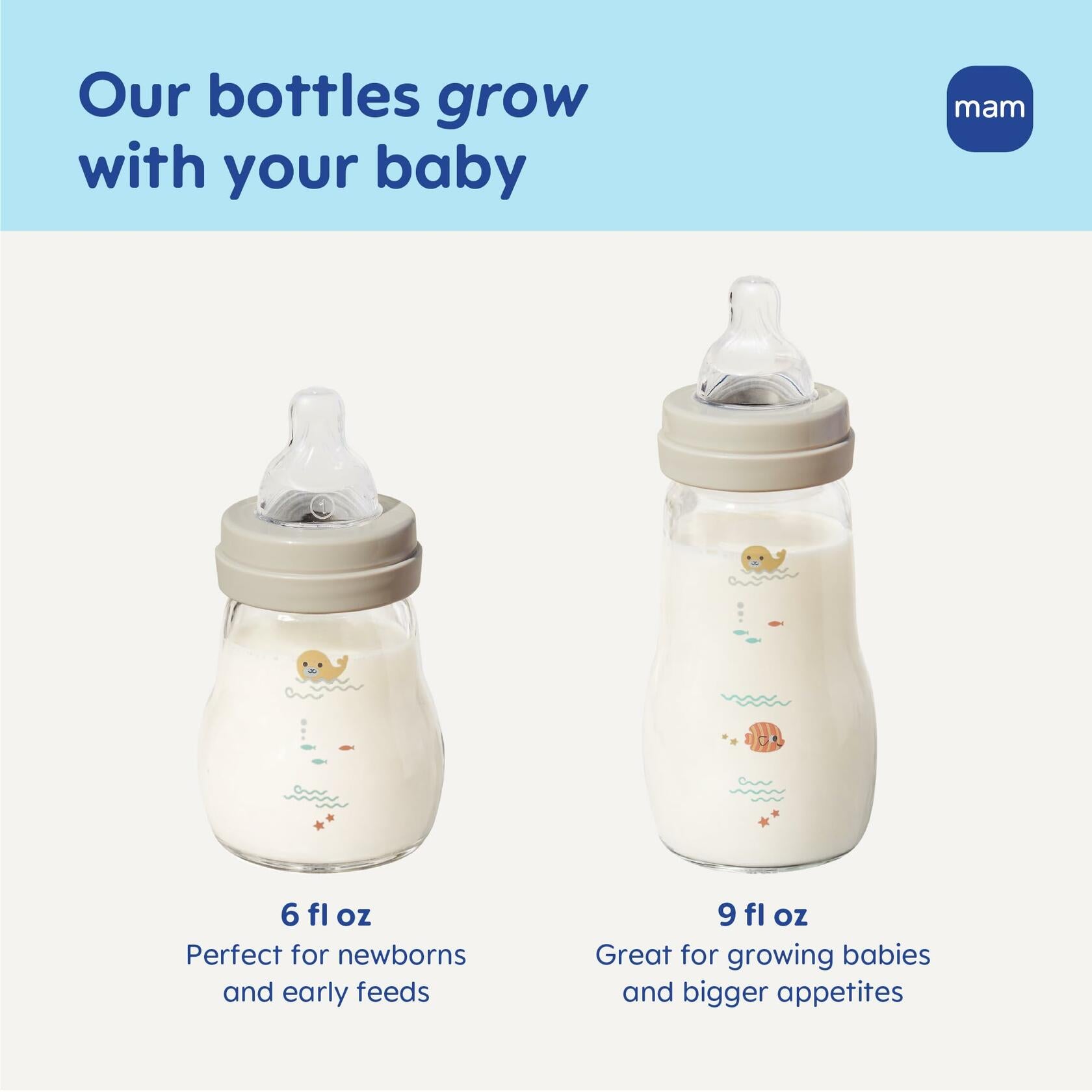 MAM 6oz Premium Glass Wide Neck Baby Bottle with Slow Flow Breastfeeding-Like