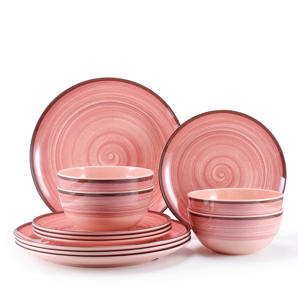 12Pcs Melamine Dinnerware Set, Plates And Bowls Sets for 4, Pink Color