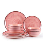 12Pcs Melamine Dinnerware Set, Plates And Bowls Sets for 4, Pink Color