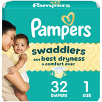 64 Count Pampers Swaddlers Diapers, Size 1 (8-14 lbs), Absorbent, Keeps Baby Dry