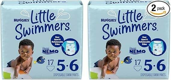 34 Count Huggies Little Swimmers Disposable Swim Diapers, Size 5-6 Large, Blue