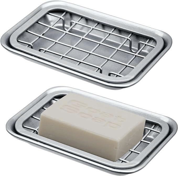 Silver Kitchen and Bathroom Soap Dish Tray - Metal 2-Piece Soap Dish Tray with