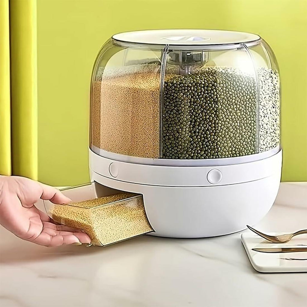 Wnnideo Rotating Grain Storage Bin 6 Grids Rice Container One-Click Output Large