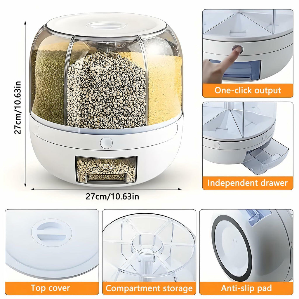 Wnnideo Rotating Grain Storage Bin 6 Grids Rice Container One-Click Output Large
