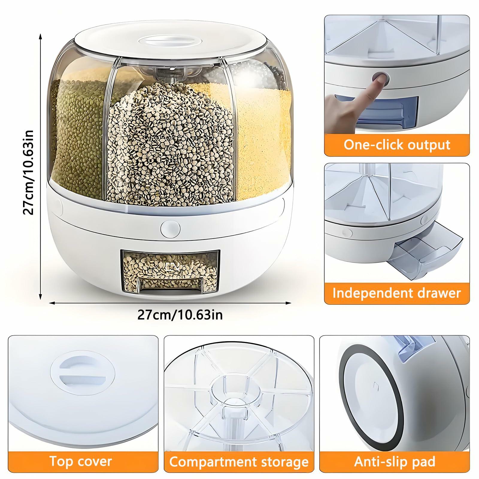 Wnnideo Rotating Grain Storage Bin 6 Grids Rice Container One-Click Output Large