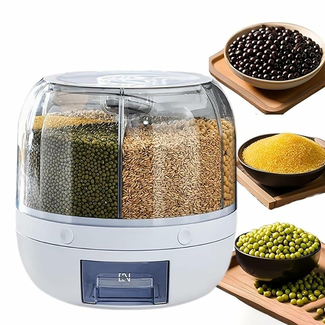 Wnnideo Rotating Grain Storage Bin 6 Grids Rice Container One-Click Output Large
