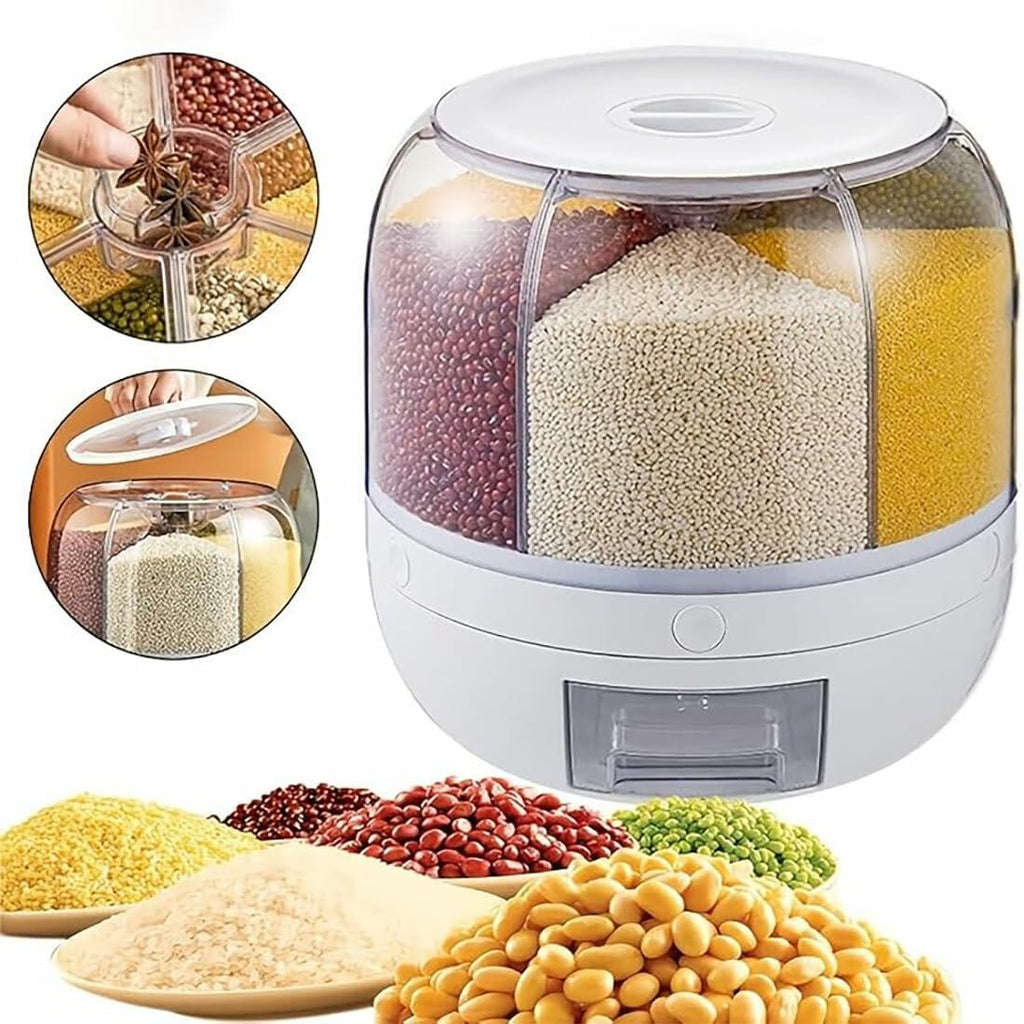 Wnnideo Rotating Grain Storage Bin 6 Grids Rice Container One-Click Output Large