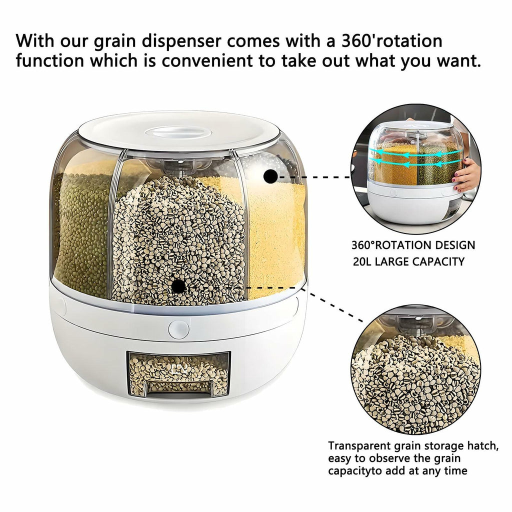 Wnnideo Rotating Grain Storage Bin 6 Grids Rice Container One-Click Output Large