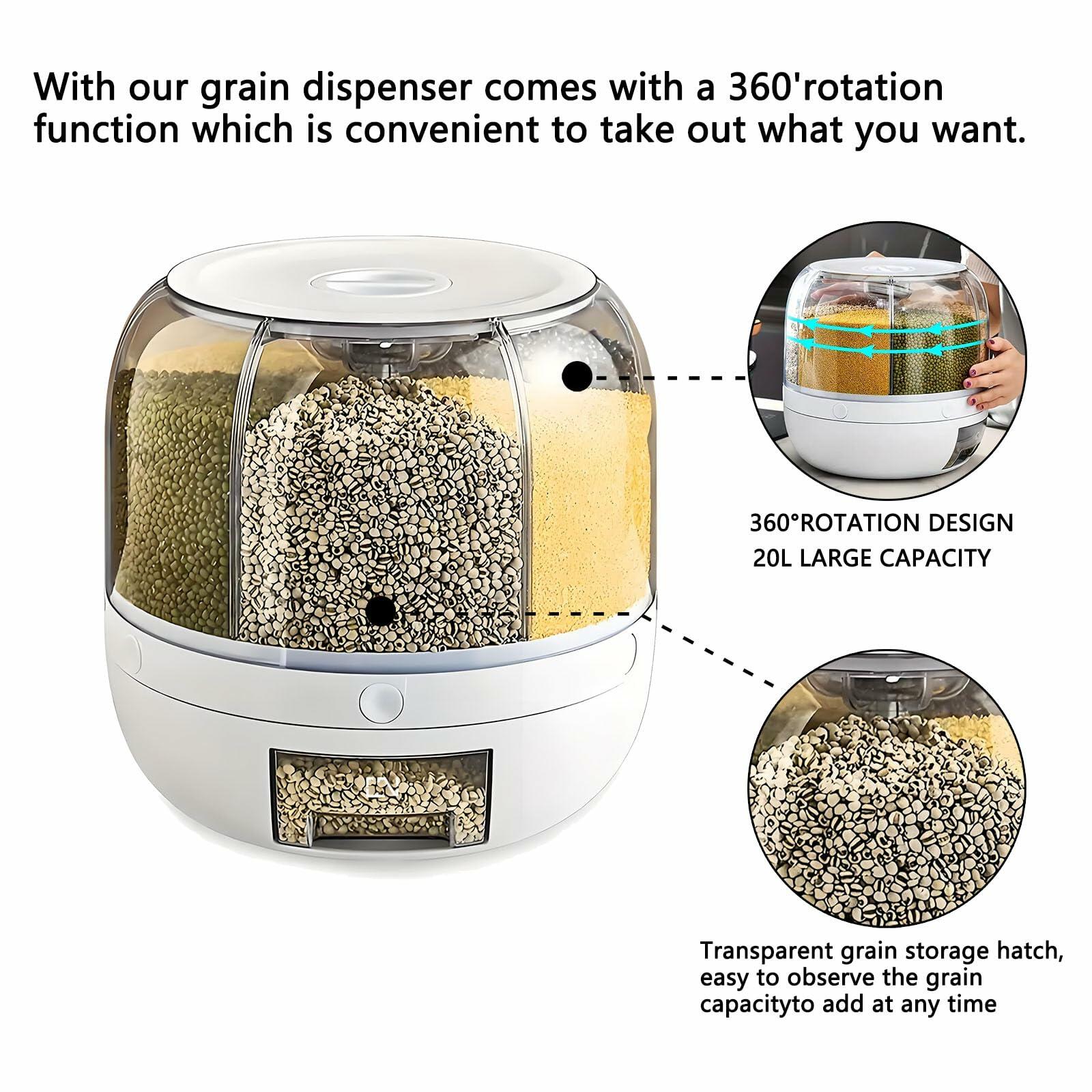 Wnnideo Rotating Grain Storage Bin 6 Grids Rice Container One-Click Output Large