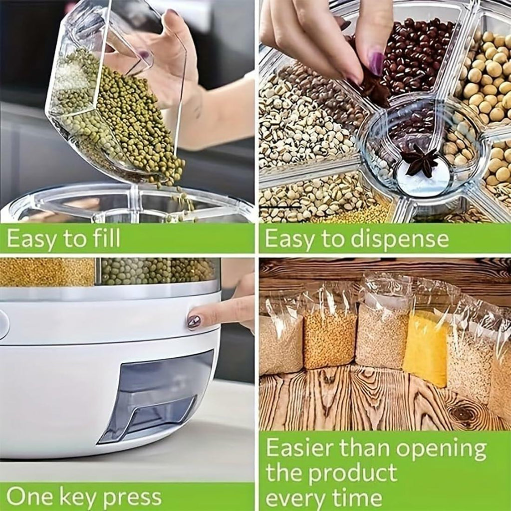 Wnnideo Rotating Grain Storage Bin 6 Grids Rice Container One-Click Output Large