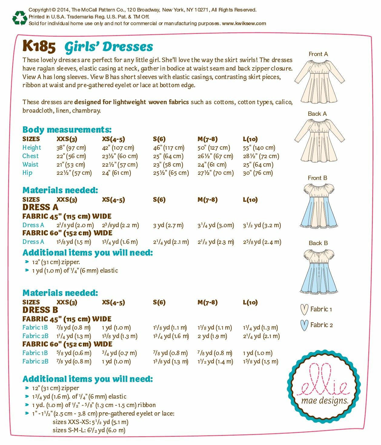 KWIK-SEW PATTERNS K0185 Girls' Dresses