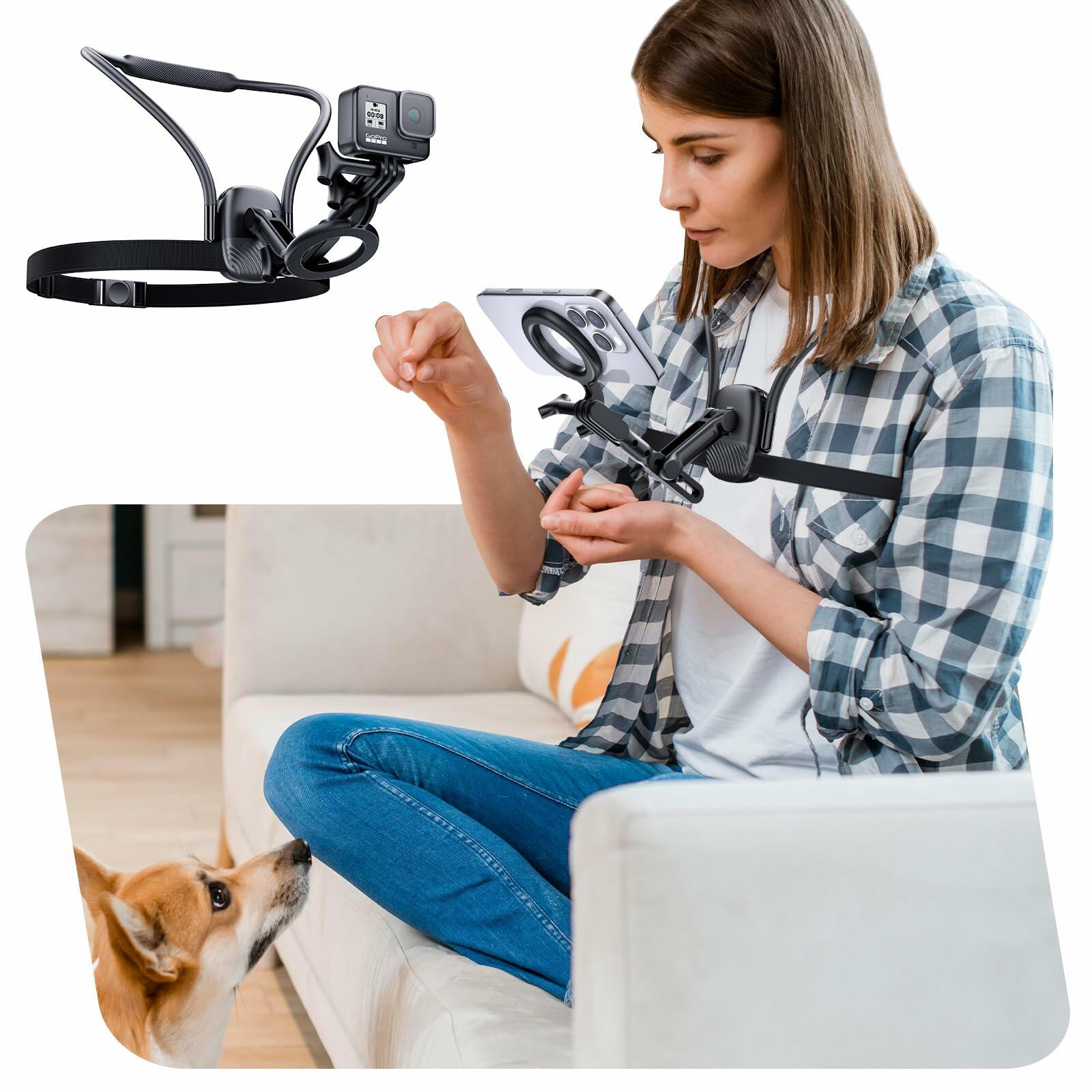 Magnetic Phone Holder Neck Mount: Hands Free Chest Stand with Fixed Strap for