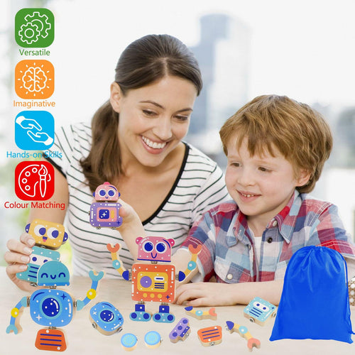 Robots Wooden Snap-Together Building Toys – 28-Piece STEM Montessori Educational