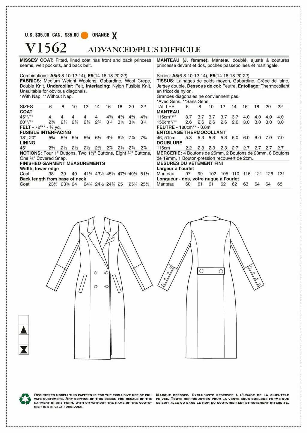 Vogue Patterns Double-Breasted Jacket and Belt Sewing Pattern for Women by Julia