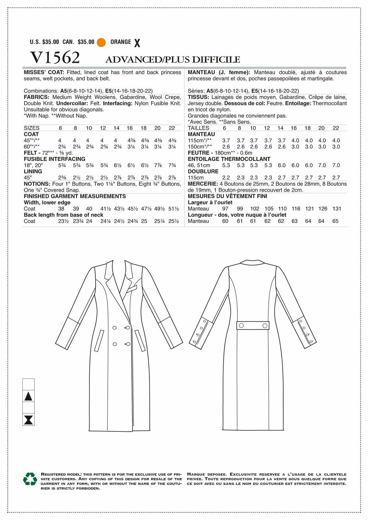Vogue Patterns Double-Breasted Jacket and Belt Sewing Pattern for Women by Julia