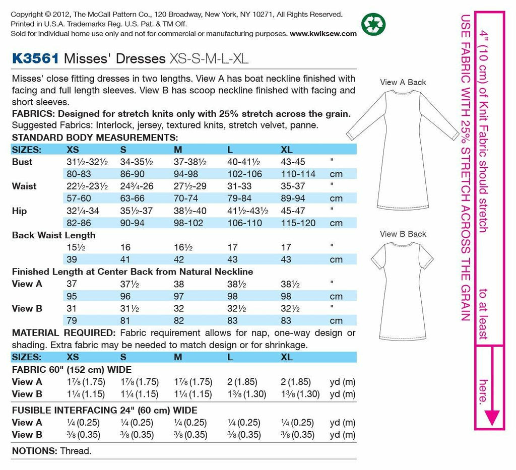 Kwik Sew K3561 Dresses Sewing Pattern, Size XS-S-M-L-XL