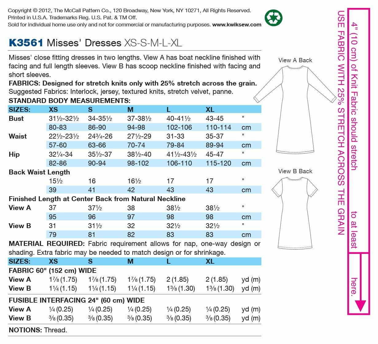 Kwik Sew K3561 Dresses Sewing Pattern, Size XS-S-M-L-XL