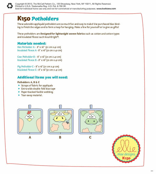 KWIK-SEW PATTERNS K0150 Potholders Sewing Template, One Size
