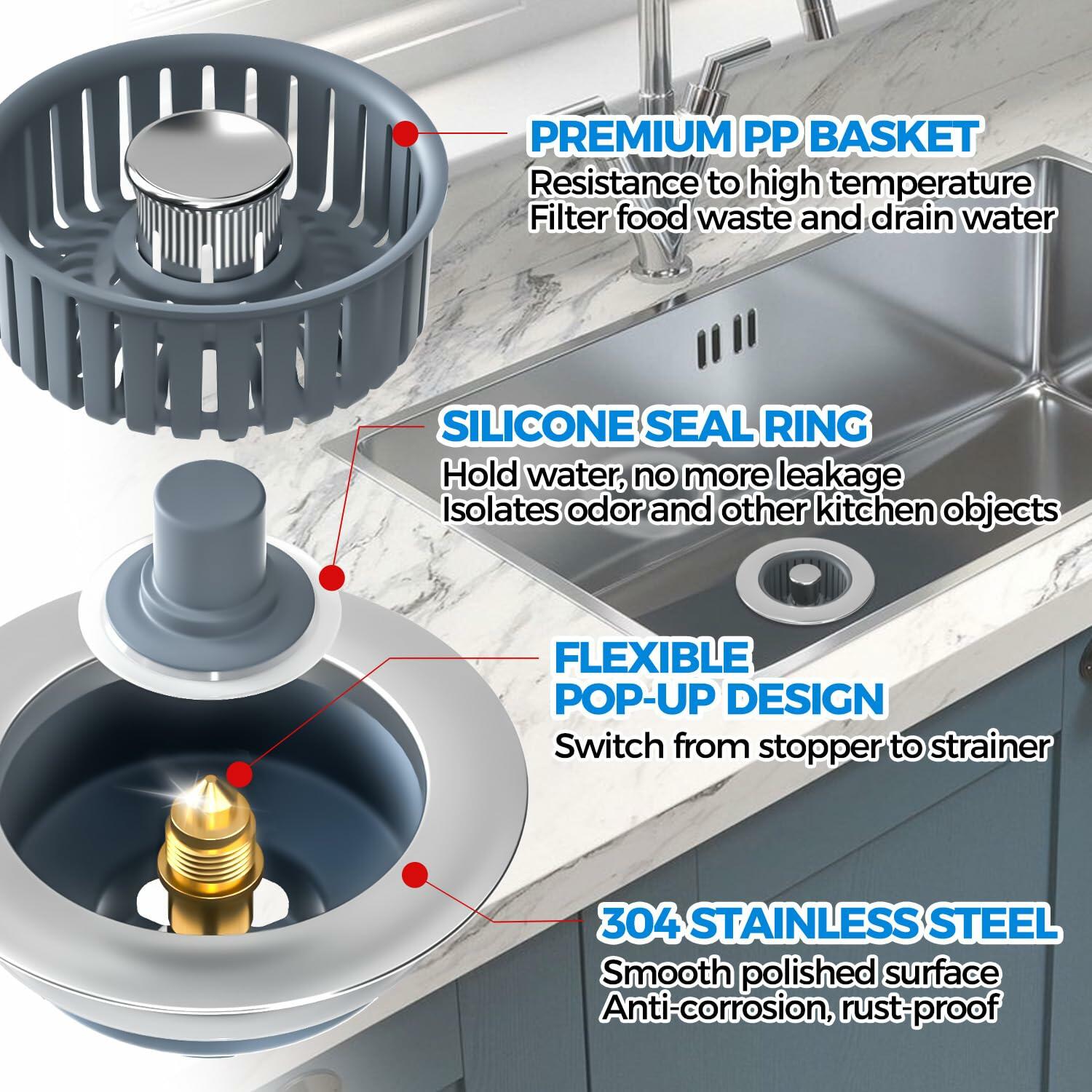 Sink Drain Strainer - Sink Stopper Kitchen Drain, 3 in 1 Kitchen Sink Drain