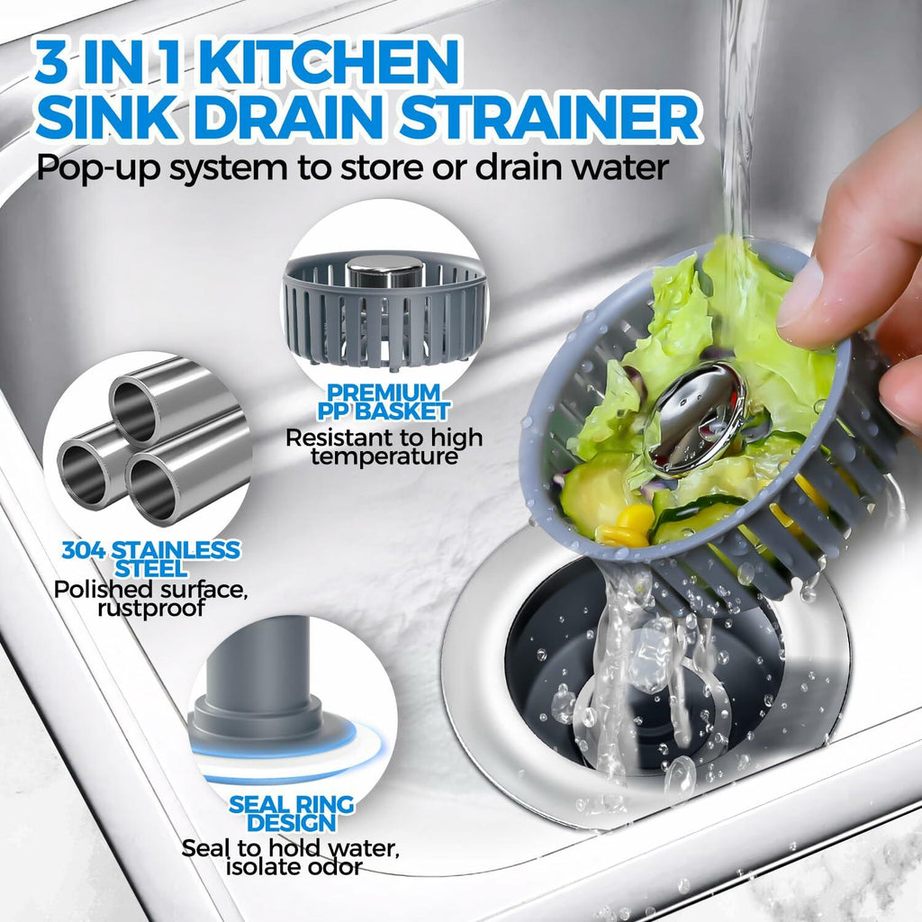 Sink Drain Strainer - Sink Stopper Kitchen Drain, 3 in 1 Kitchen Sink Drain