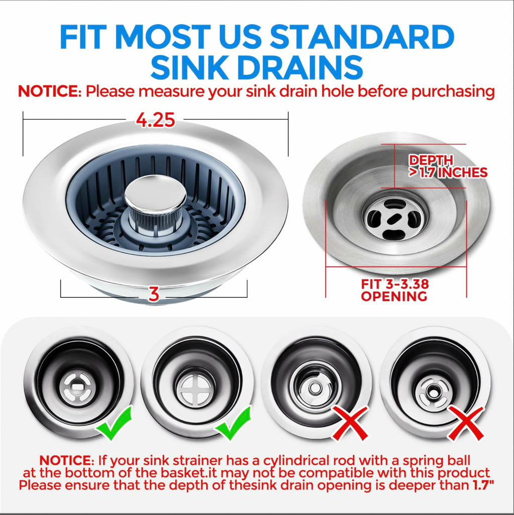 Sink Drain Strainer - Sink Stopper Kitchen Drain, 3 in 1 Kitchen Sink Drain