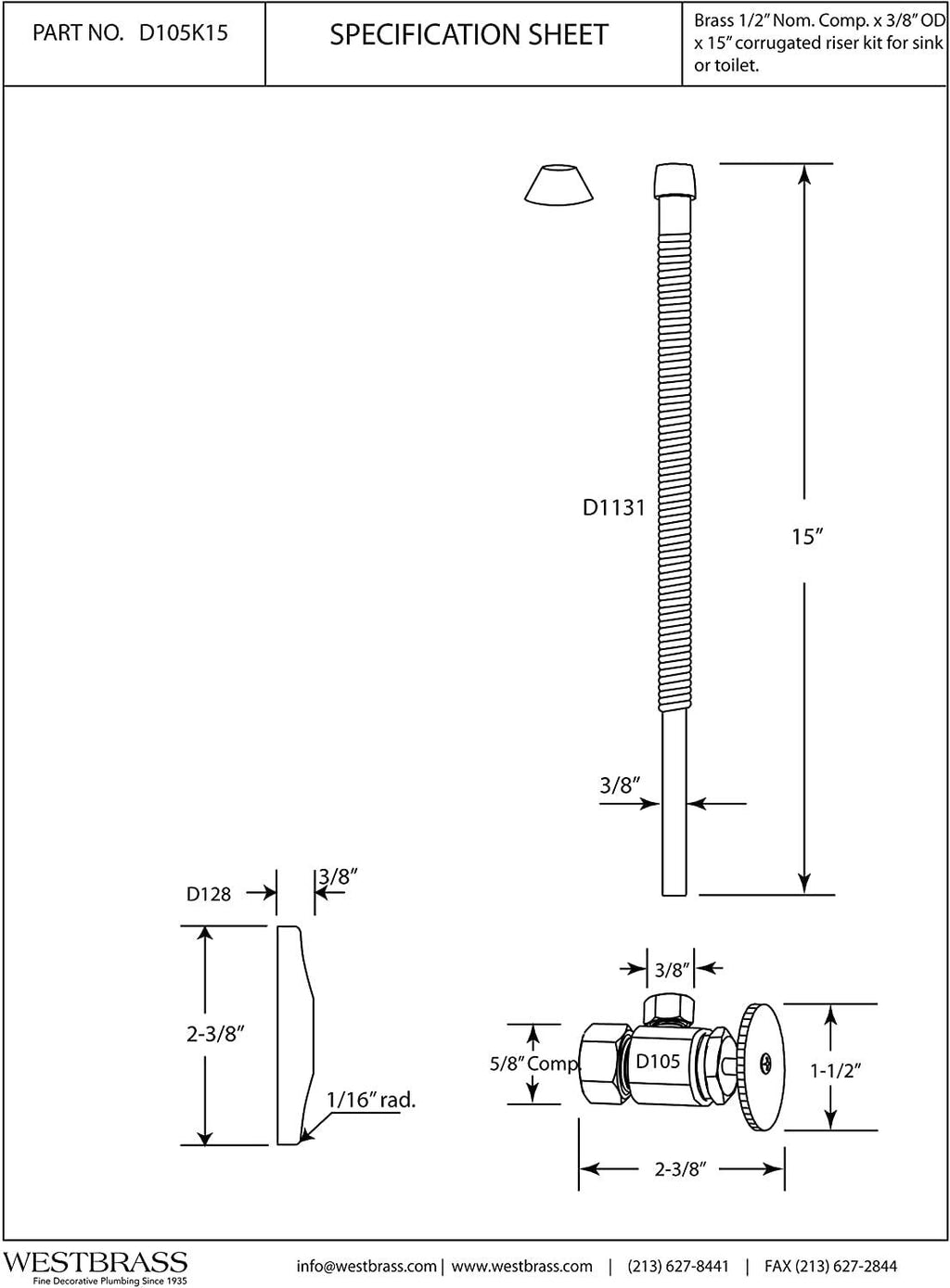 Westbrass D105K15-62 5/8" x 3/8" OD x 15" Corrugated Riser Supply Line Kit with