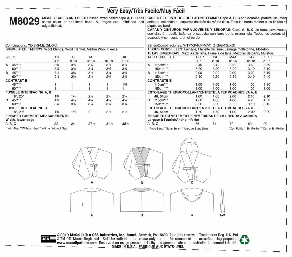 McCall's Sewing Pattern Misses' Capes & Belt Size L-XL, Various Colours
