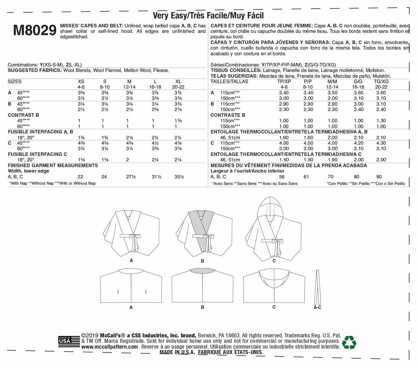 McCall's Sewing Pattern Misses' Capes & Belt Size L-XL, Various Colours