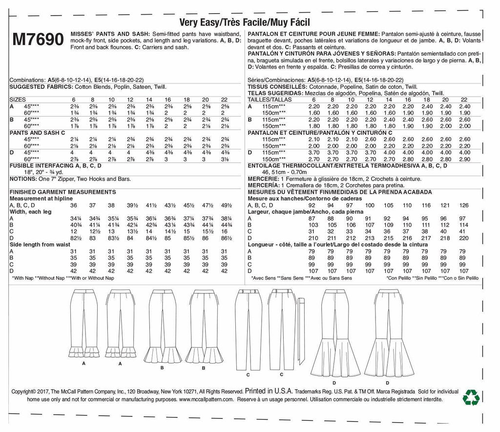 McCall's Patterns Misses Pants With Flounce Variations and Sash