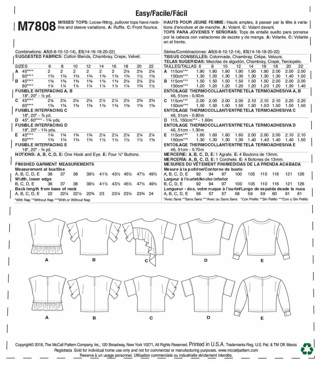 McCall's M7808E5 Women's Pullover Tank Top, Short Sleeve, and Long Sleeve Top